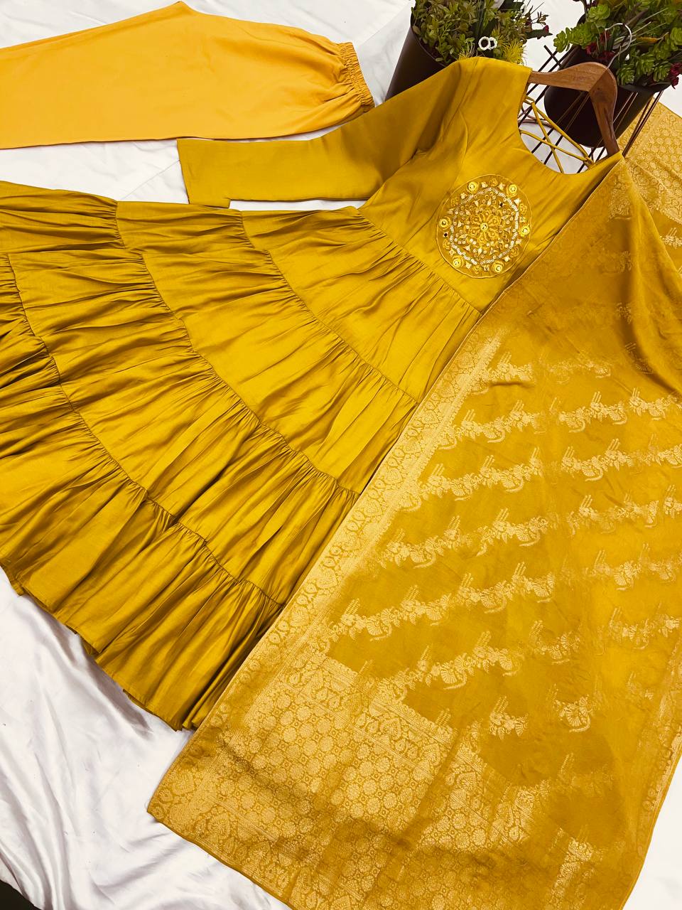 Reception Wear Yellow Color Heavy Roman Silk With Embroidery Sequence Work Anarkali Gown