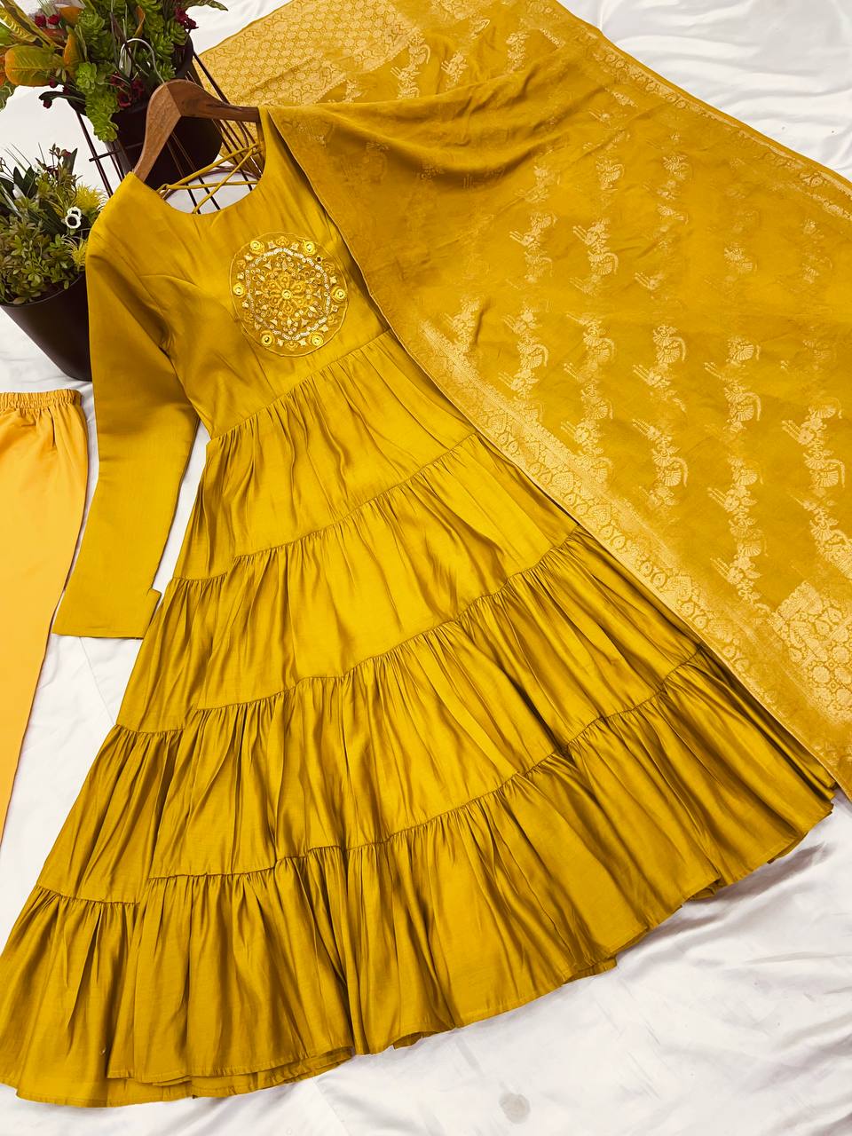 Reception Wear Yellow Color Heavy Roman Silk With Embroidery Sequence Work Anarkali Gown