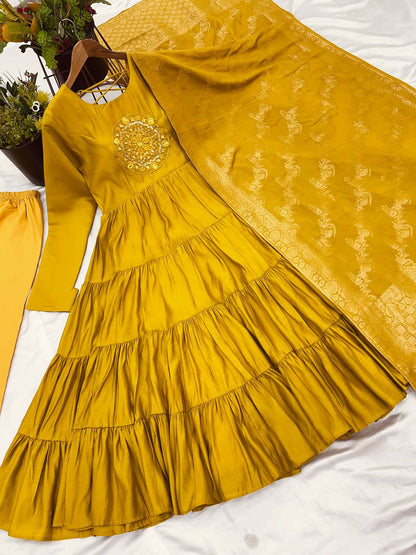 Reception Wear Yellow Color Heavy Roman Silk With Embroidery Sequence Work Anarkali Gown