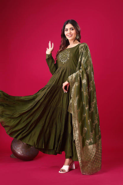Reception Wear Mahendi Green Color Heavy Roman Silk With Embroidery Sequence Work Anarkali Gown