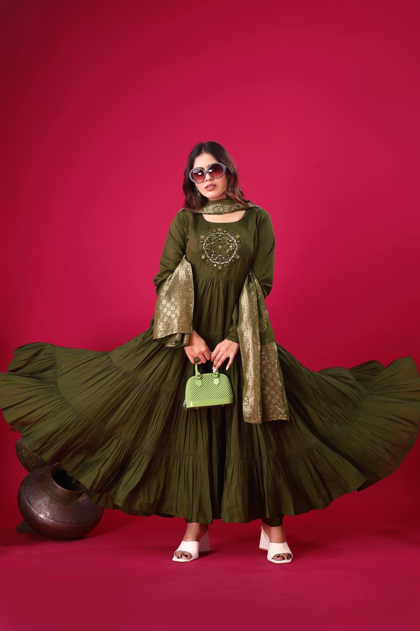 Reception Wear Mahendi Green Color Heavy Roman Silk With Embroidery Sequence Work Anarkali Gown
