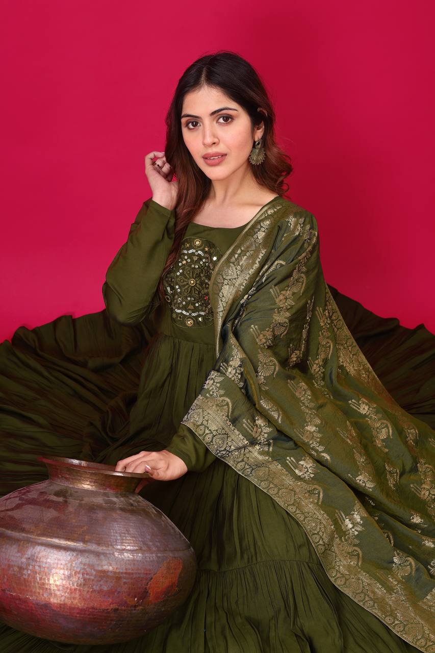 Reception Wear Mahendi Green Color Heavy Roman Silk With Embroidery Sequence Work Anarkali Gown