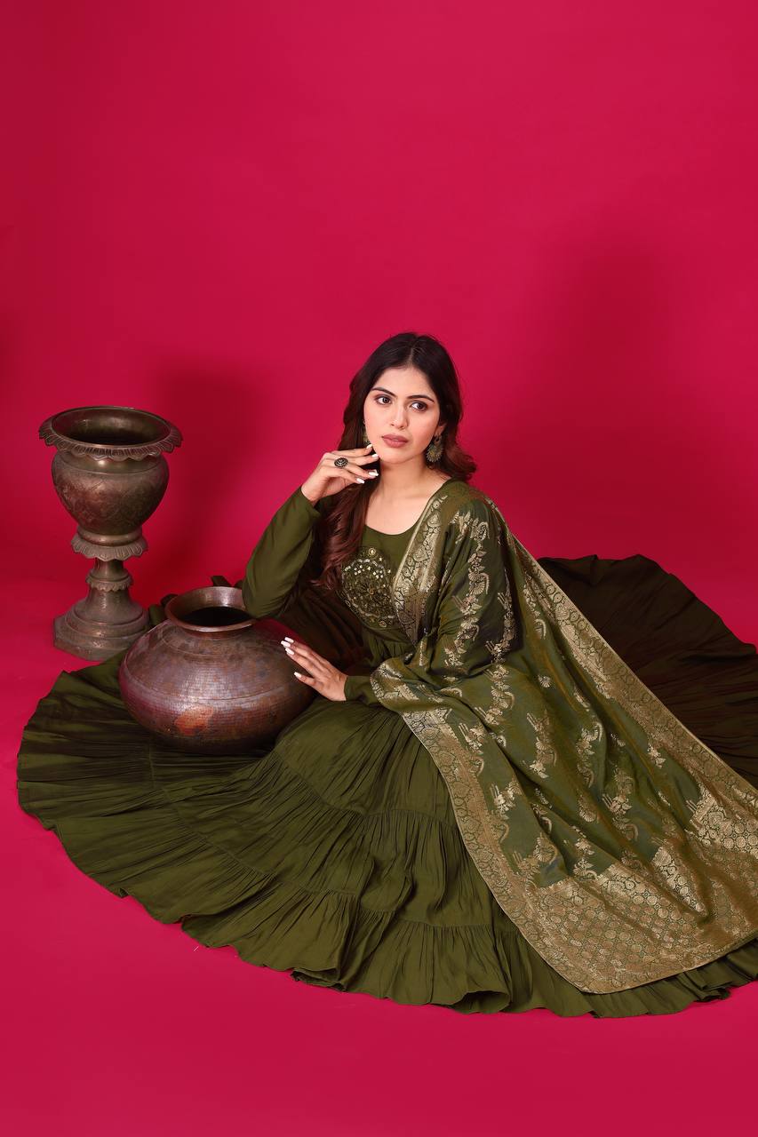 Reception Wear Mahendi Green Color Heavy Roman Silk With Embroidery Sequence Work Anarkali Gown