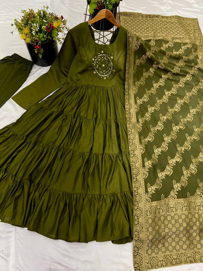 Reception Wear Mahendi Green Color Heavy Roman Silk With Embroidery Sequence Work Anarkali Gown