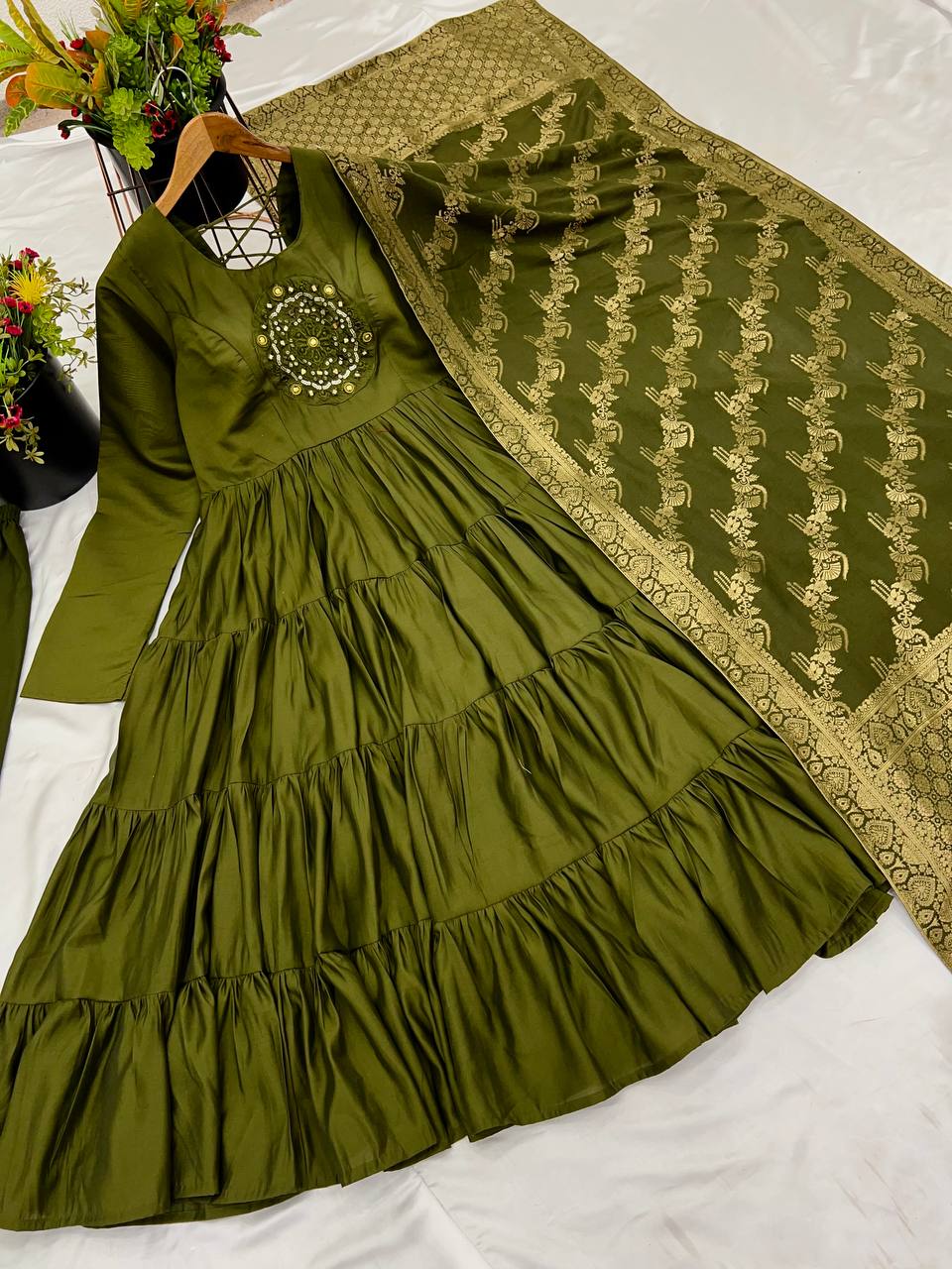 Reception Wear Mahendi Green Color Heavy Roman Silk With Embroidery Sequence Work Anarkali Gown