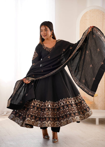 Casual Wear Black Color Sequence Embroidered Anarkali Suit With Dupatta