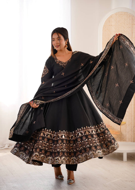 Casual Wear Black Color Sequence Embroidered Anarkali Suit With Dupatta