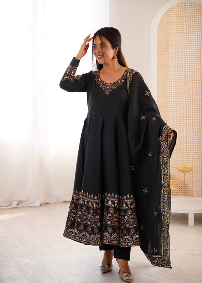 Casual Wear Black Color Sequence Embroidered Anarkali Suit With Dupatta