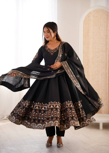 Casual Wear Black Color Sequence Embroidered Anarkali Suit With Dupatta