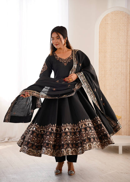 Casual Wear Black Color Sequence Embroidered Anarkali Suit With Dupatta