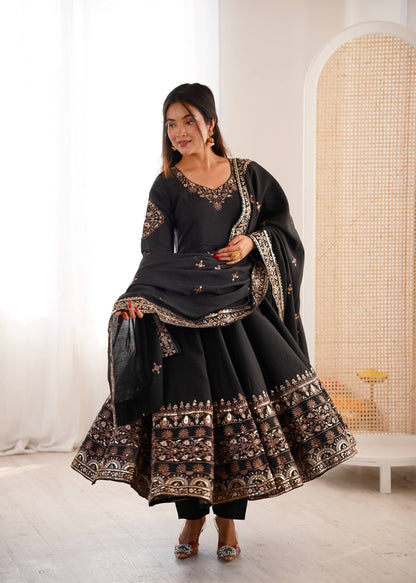 Casual Wear Black Color Sequence Embroidered Anarkali Suit With Dupatta