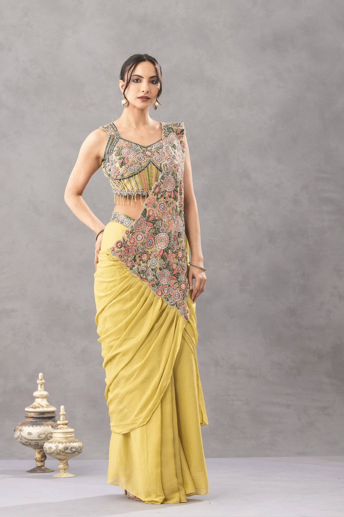 Wedding Wear Yellow Color Embroidery Pre Draped Saree With Blouse