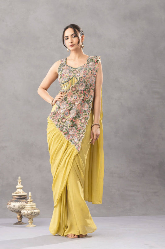 Wedding Wear Yellow Color Embroidery Pre Draped Saree With Blouse