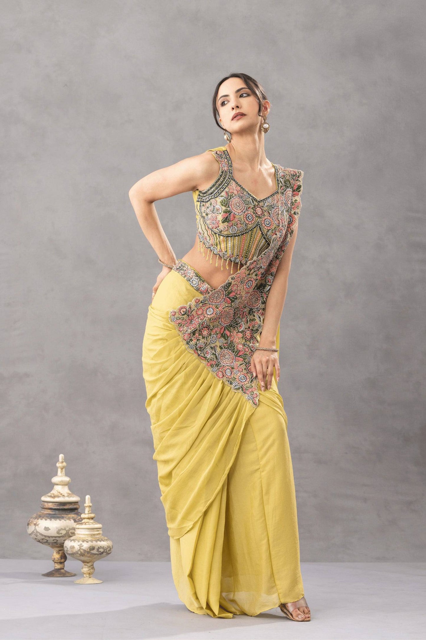 Wedding Wear Yellow Color Embroidery Pre Draped Saree With Blouse