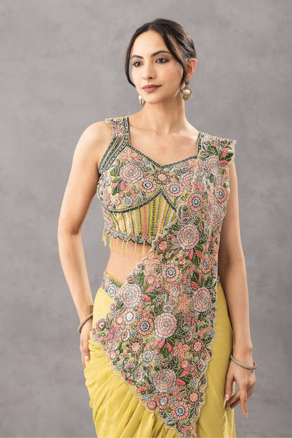 Wedding Wear Yellow Color Embroidery Pre Draped Saree With Blouse