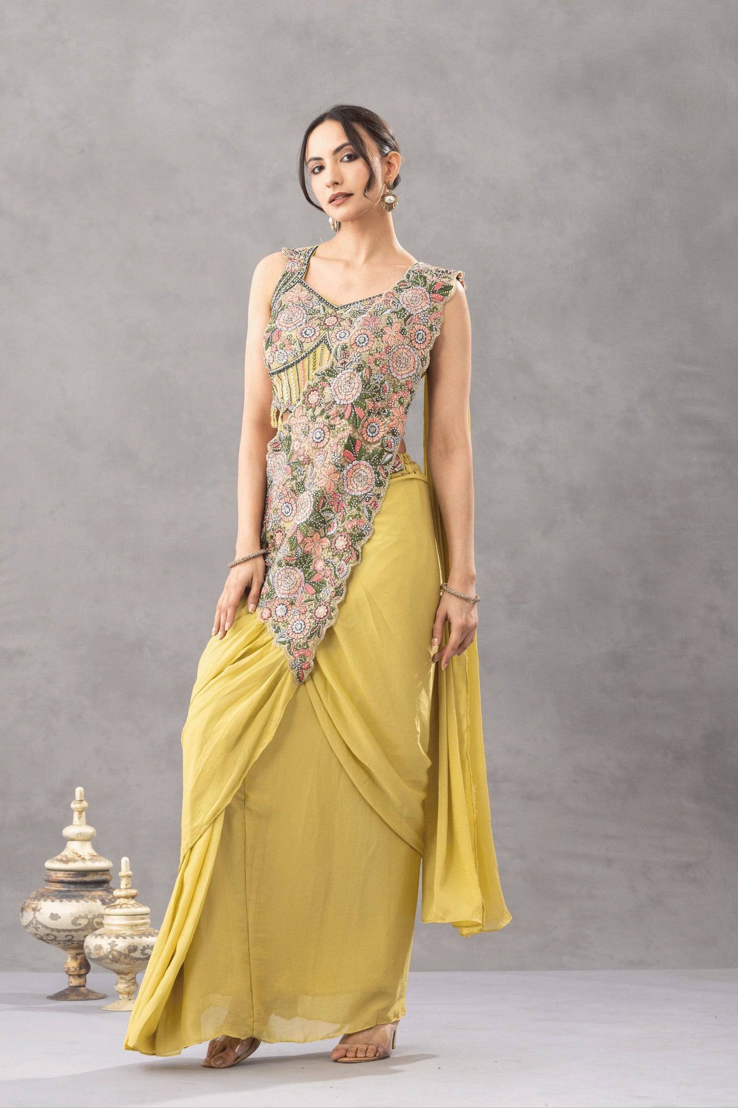 Wedding Wear Yellow Color Embroidery Pre Draped Saree With Blouse