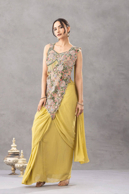 Wedding Wear Yellow Color Embroidery Pre Draped Saree With Blouse