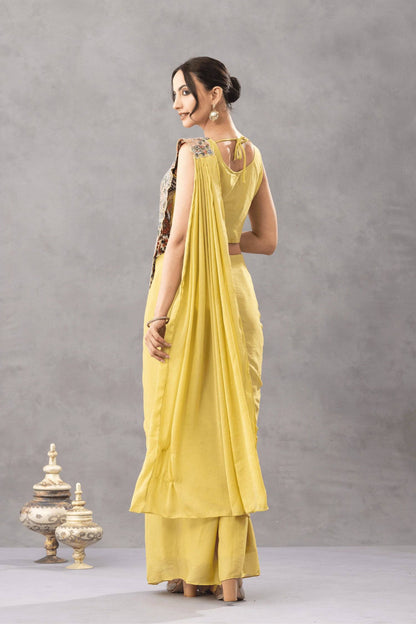 Wedding Wear Yellow Color Embroidery Pre Draped Saree With Blouse