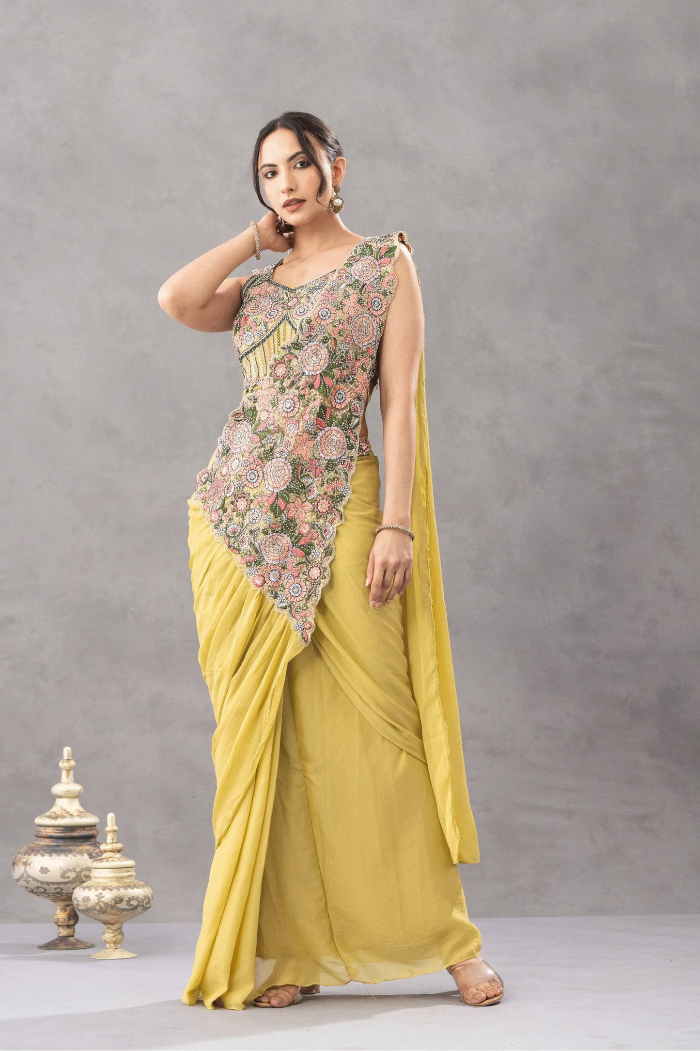 Wedding Wear Yellow Color Embroidery Pre Draped Saree With Blouse