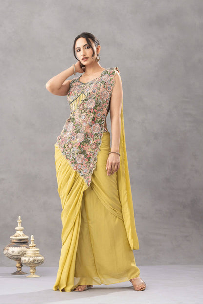 Wedding Wear Yellow Color Embroidery Pre Draped Saree With Blouse