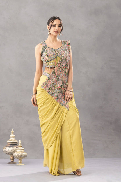 Wedding Wear Yellow Color Embroidery Pre Draped Saree With Blouse