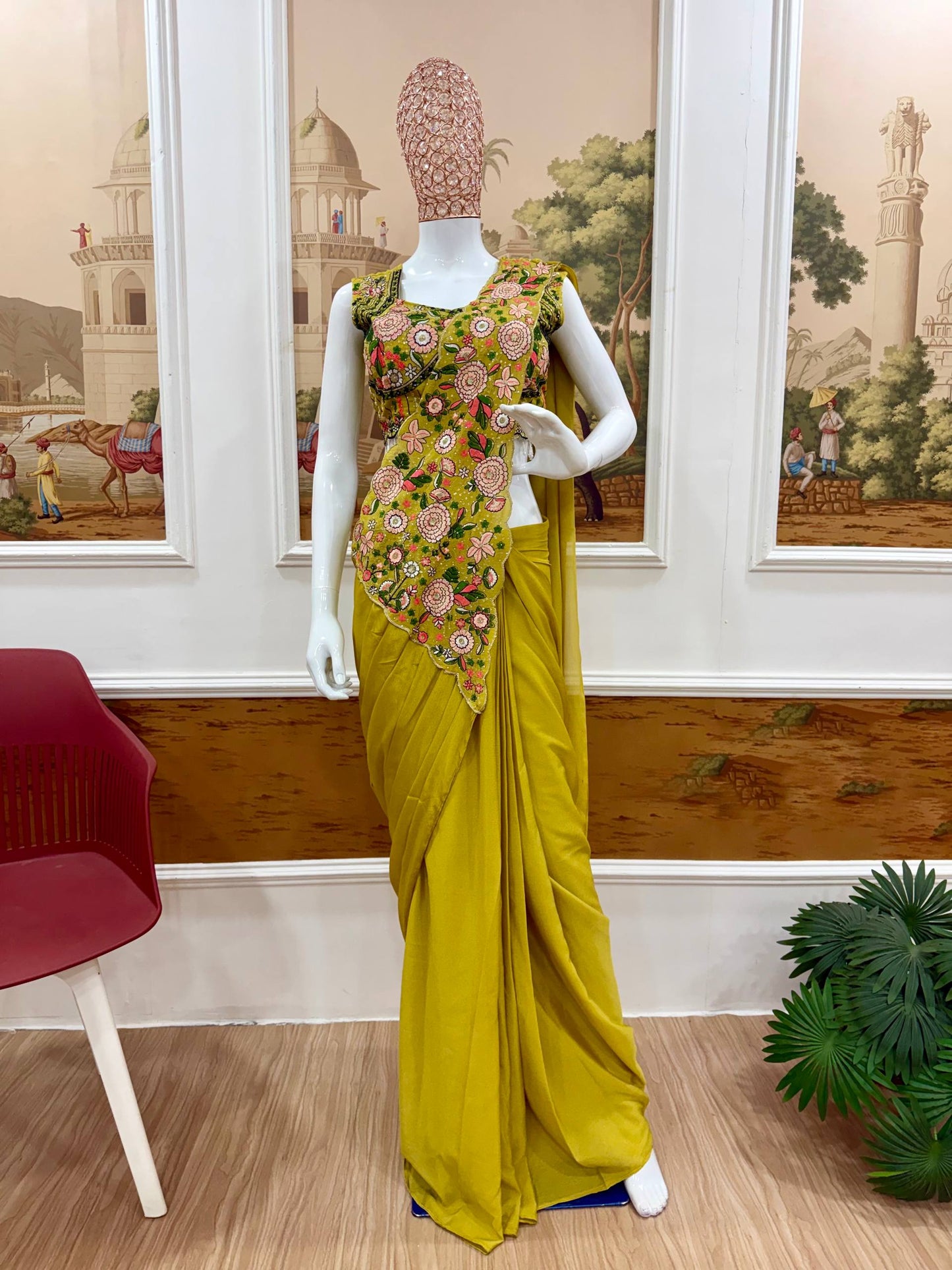 Glimmering Green Color Embroidered Ready TO Wear Saree With Blouse