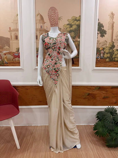 Preferable Off White Color Embroidered Saree With Blouse