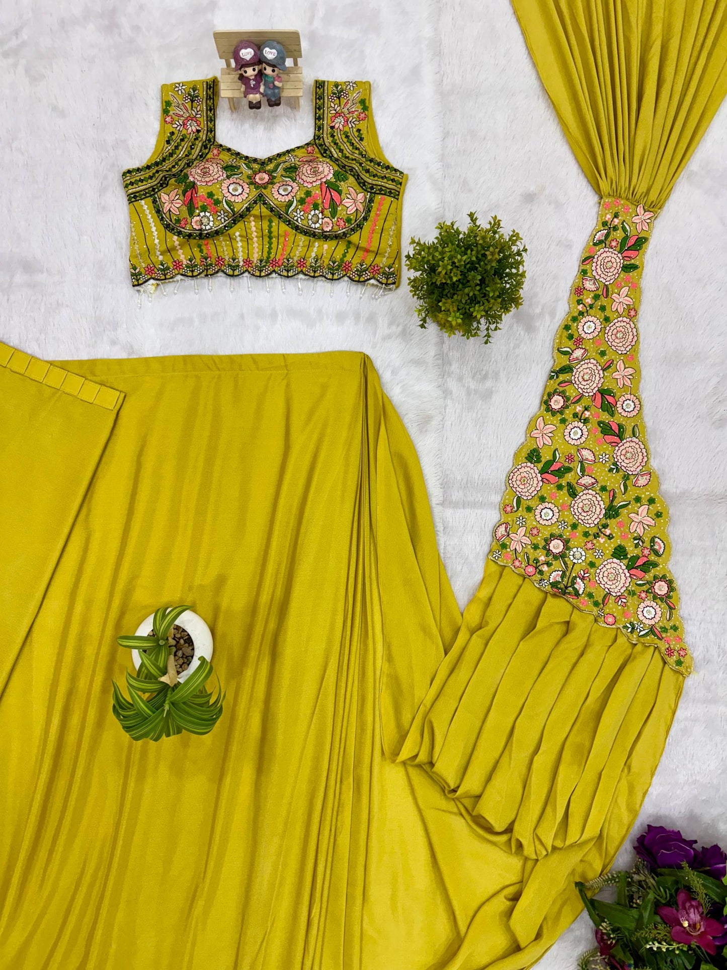 Glimmering Green Color Embroidered Ready TO Wear Saree With Blouse