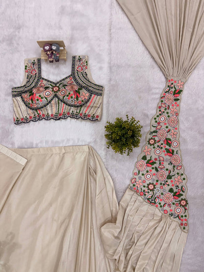 Preferable Off White Color Embroidered Saree With Blouse