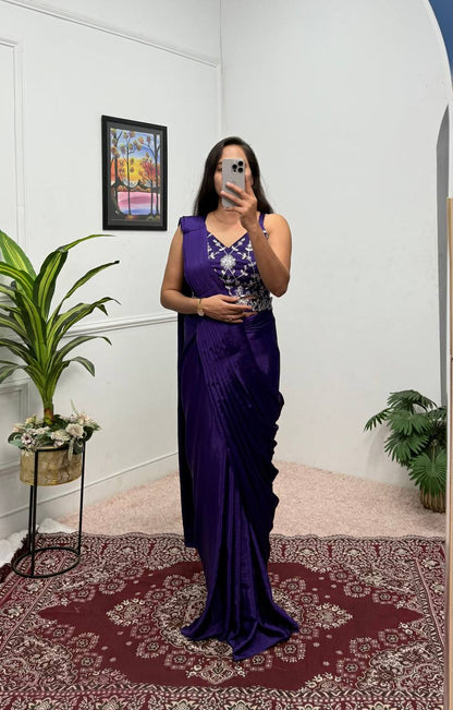 Superhit Blue Color Chinon Silk Ready To Wear Saree With Pleats And Full Koti