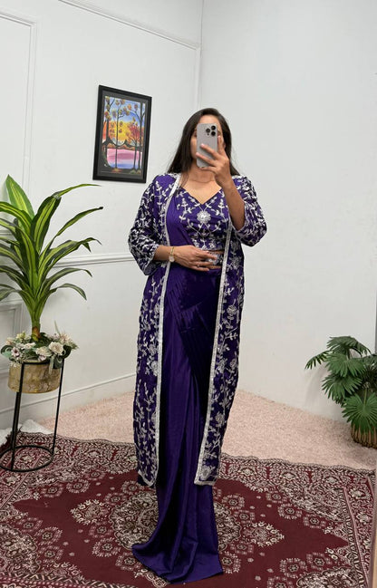 Superhit Blue Color Chinon Silk Ready To Wear Saree With Pleats And Full Koti