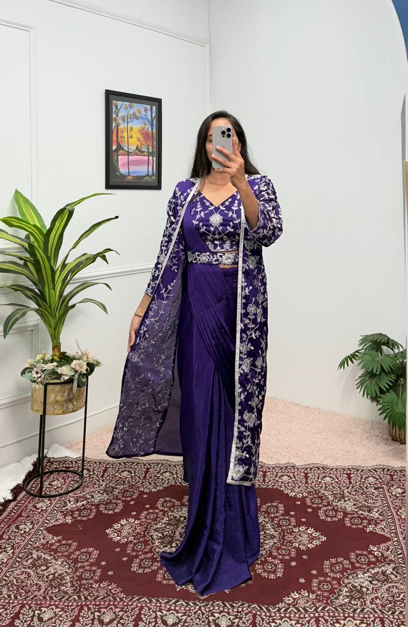 Superhit Blue Color Chinon Silk Ready To Wear Saree With Pleats And Full Koti