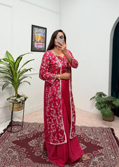 Superhit Red Color Chinon Silk Ready To Wear Saree With Pleats And Full Koti