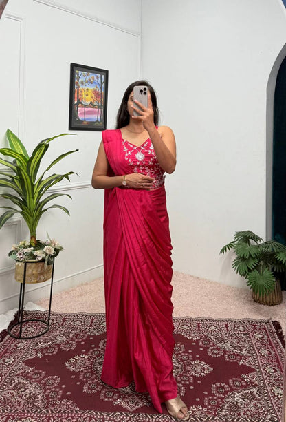 Superhit Red Color Chinon Silk Ready To Wear Saree With Pleats And Full Koti