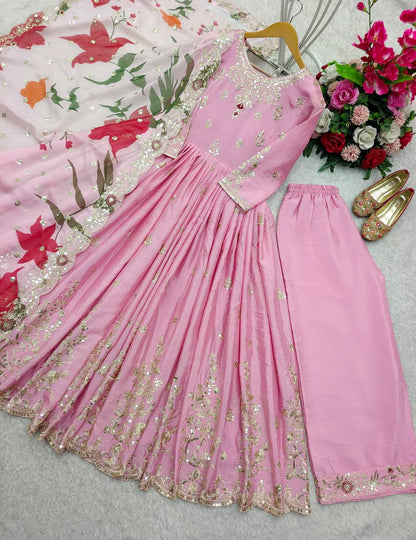 Occasion Wear Pink Color Pure Satin Silk With Heavy Embroidery Work Designer Gown