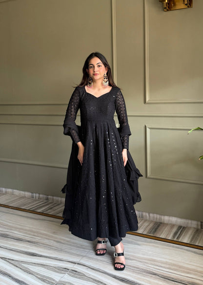 Fancy Black Color Sequence Thread Work Anarkali Gown