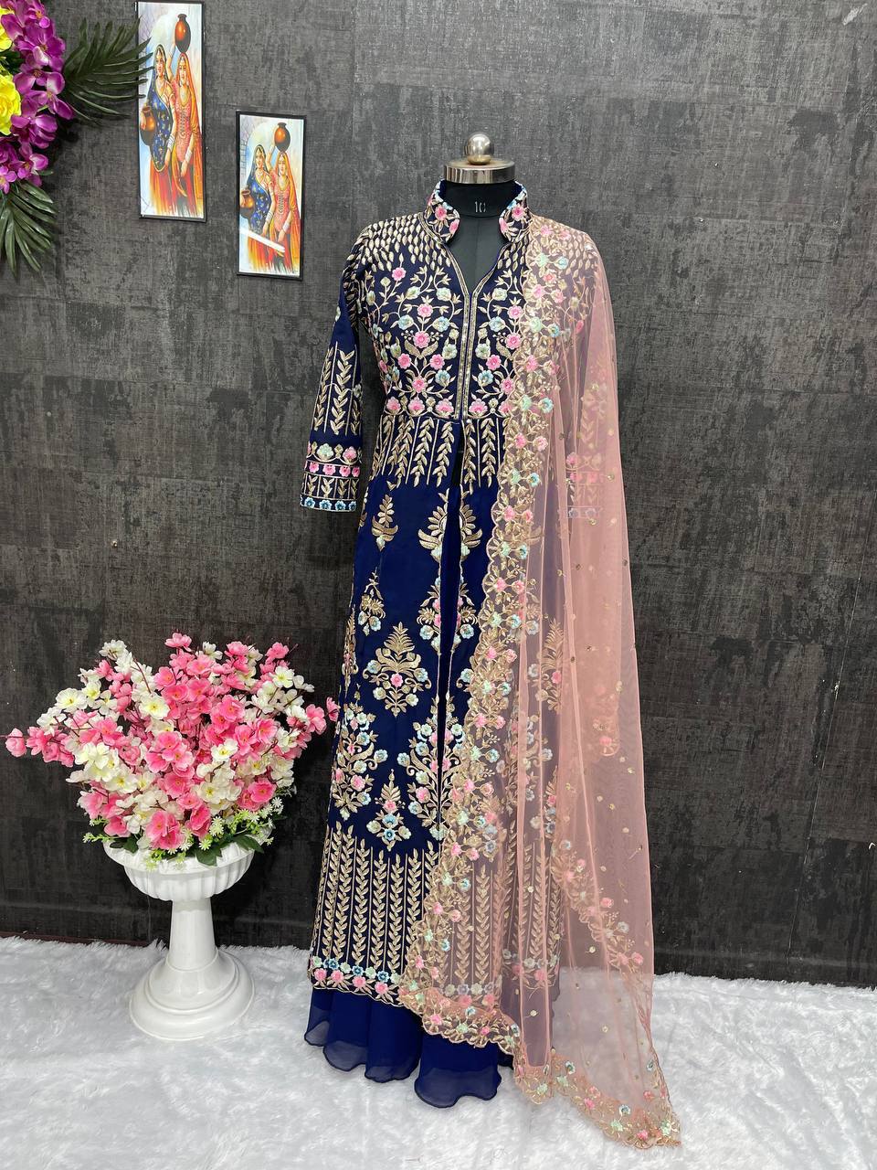 Captivating Blue Color Heavy Faux Georgette Embroidery Sequence Work Lehenga Suit
