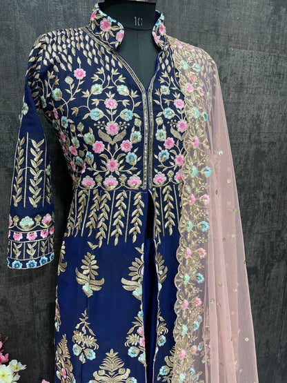 Captivating Blue Color Heavy Faux Georgette Embroidery Sequence Work Lehenga Suit