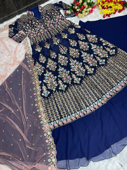 Captivating Blue Color Heavy Faux Georgette Embroidery Sequence Work Lehenga Suit