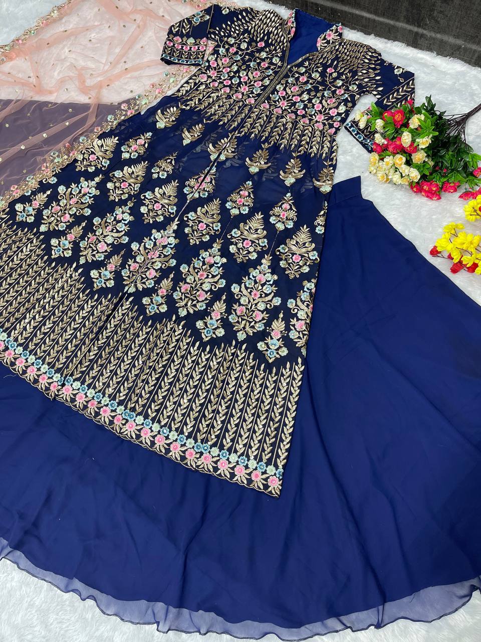 Captivating Blue Color Heavy Faux Georgette Embroidery Sequence Work Lehenga Suit