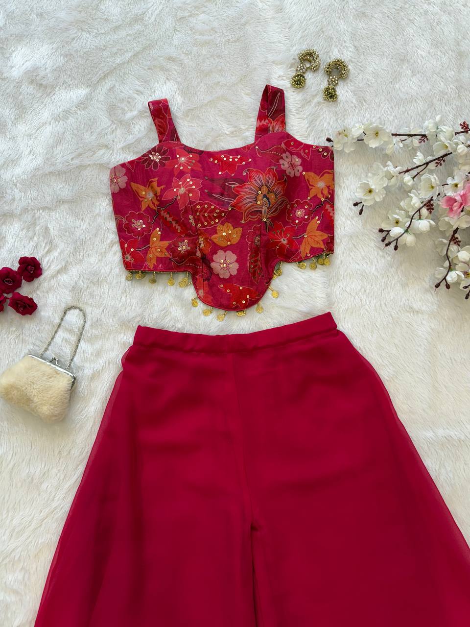Wedding Wear Pink Color Organza Sequin Crop Top With Plazo Set