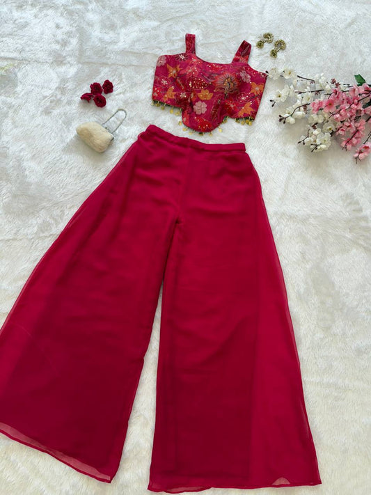 Wedding Wear Pink Color Organza Sequin Crop Top With Plazo Set