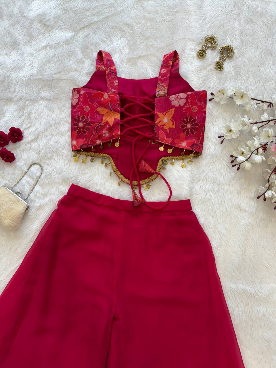 Wedding Wear Pink Color Organza Sequin Crop Top With Plazo Set