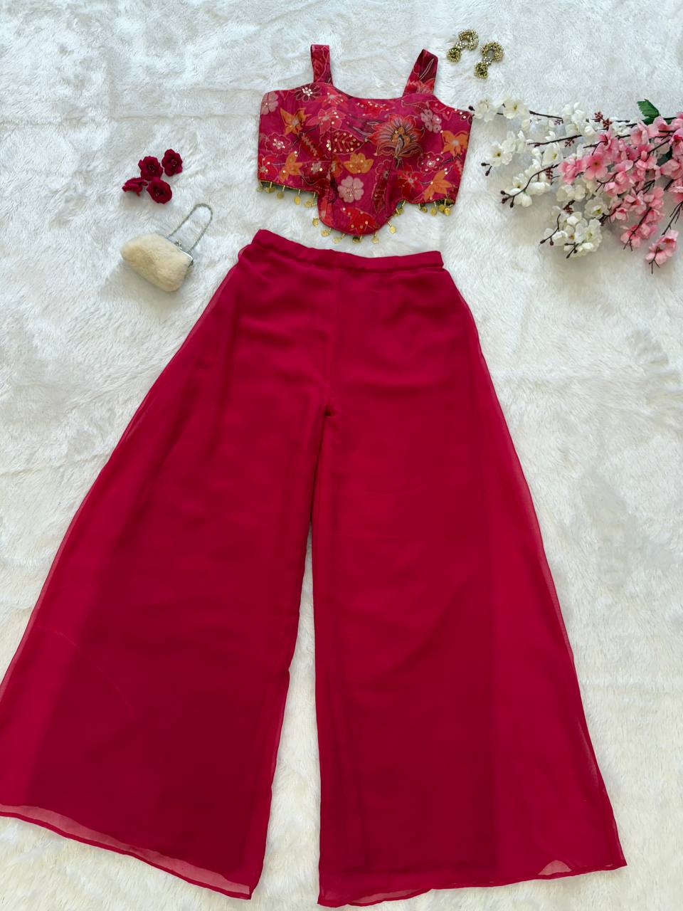 Wedding Wear Pink Color Organza Sequin Crop Top With Plazo Set