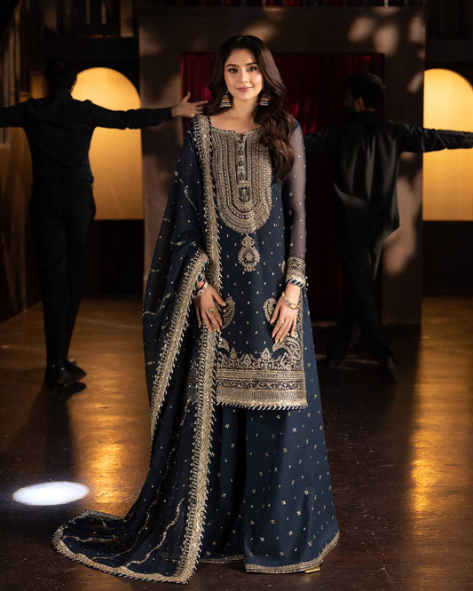 Bollywood Style Navy Blue Color Heavy Faux Georgette With Heavy Embroidery Sequence Work sharara Suit