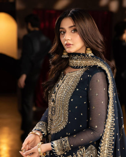 Bollywood Style Navy Blue Color Heavy Faux Georgette With Heavy Embroidery Sequence Work sharara Suit