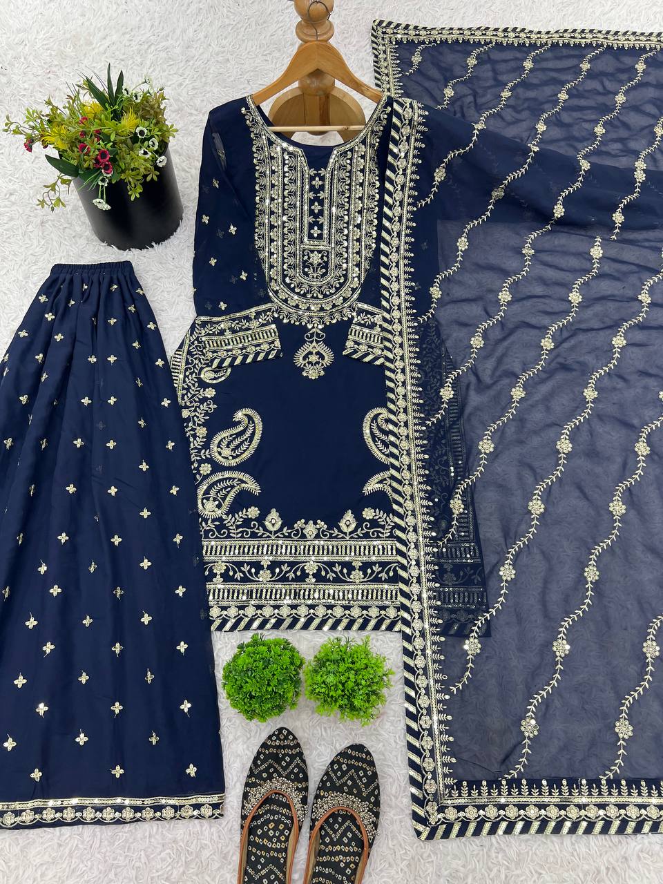 Bollywood Style Navy Blue Color Heavy Faux Georgette With Heavy Embroidery Sequence Work sharara Suit