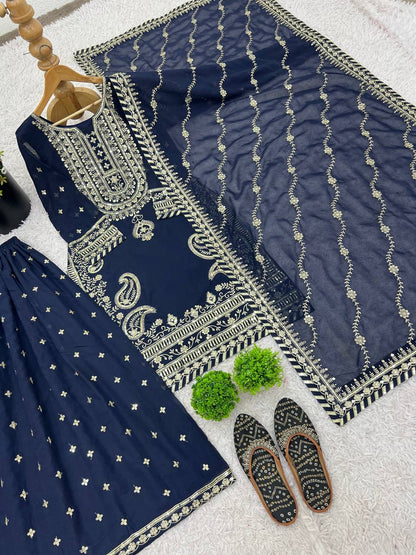 Bollywood Style Navy Blue Color Heavy Faux Georgette With Heavy Embroidery Sequence Work sharara Suit