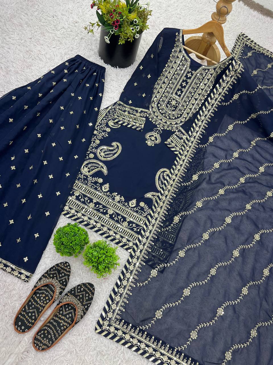Bollywood Style Navy Blue Color Heavy Faux Georgette With Heavy Embroidery Sequence Work sharara Suit