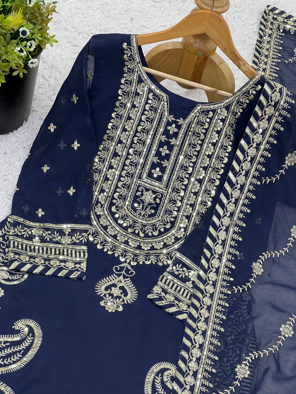 Bollywood Style Navy Blue Color Heavy Faux Georgette With Heavy Embroidery Sequence Work sharara Suit